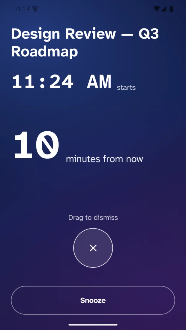 Full-screen alarm ten minutes before a meeting