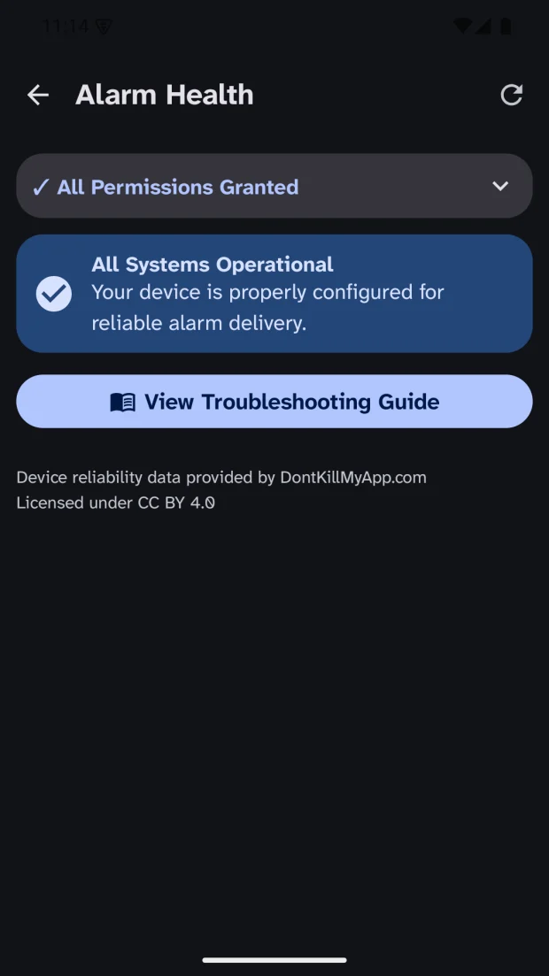 Alarm health screen confirming permissions are granted