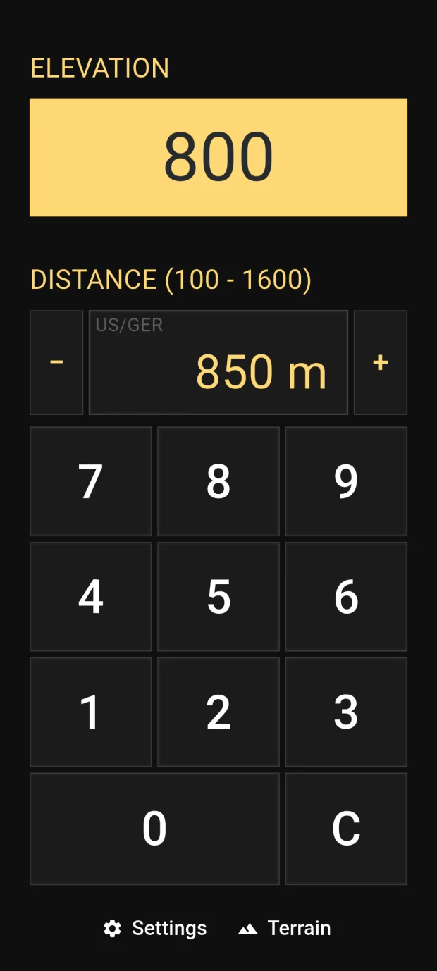 Calculator showing an elevation of 800 for a target at 850 metres