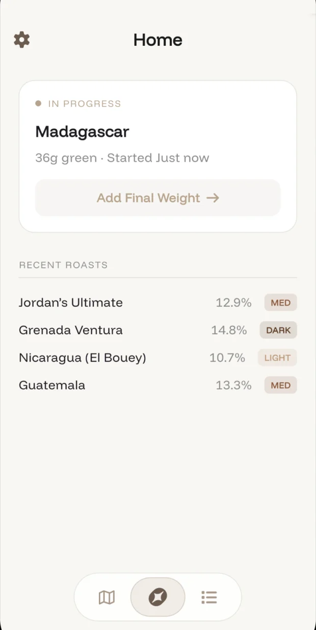 Coffee Roast Tracker: Home screen with a roast in progress and four recent roasts with their levels