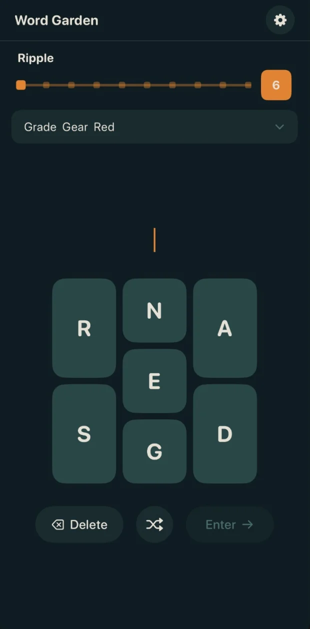 Word Garden: Daily puzzle with seven letter tiles and the rank progress bar, in dark mode